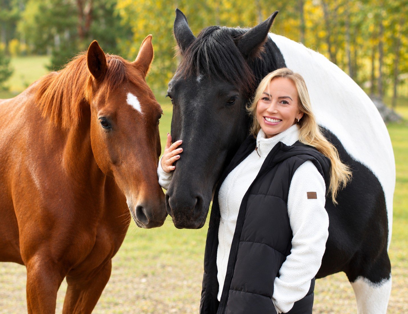 Anriette tillsammans med två av hästarna på Stallro